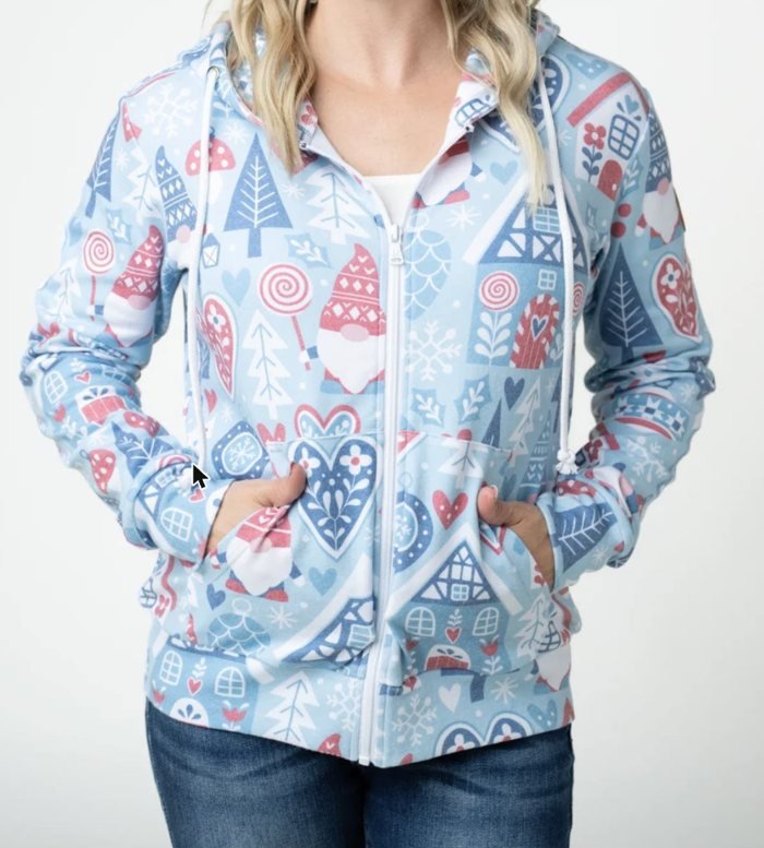 Hip-length full zip hoodie in the Winter Gnome print